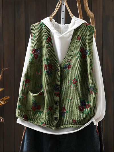 Women Autumn Retro Floral V-Neck Knitted Vest