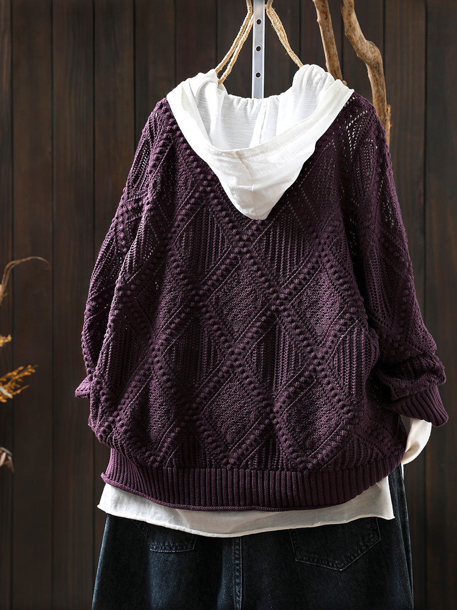 Women Autumn Vintage Rhomboids Knitted O-Neck Sweater