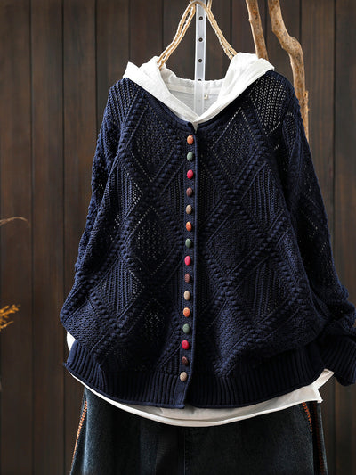 Women Autumn Vintage Rhomboids Knitted O-Neck Sweater