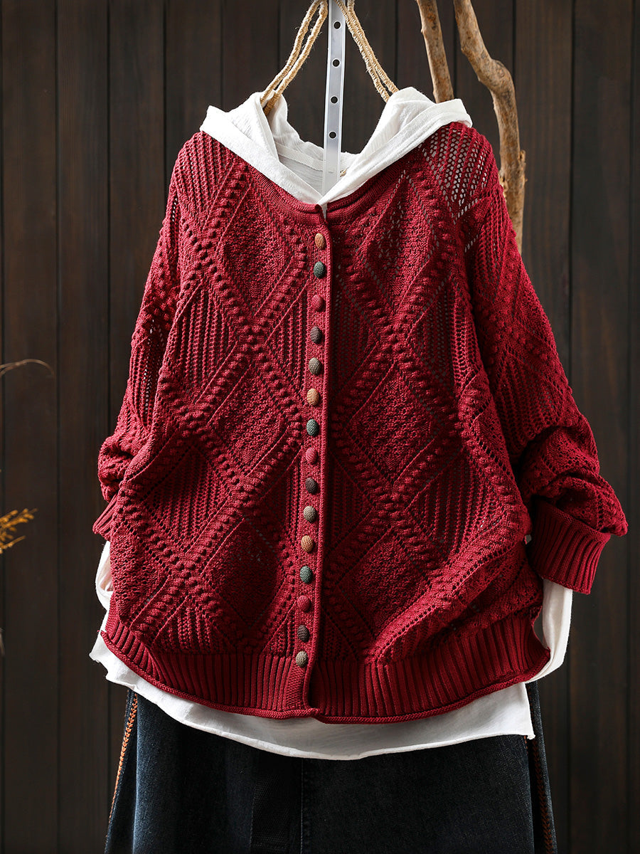 Women Autumn Vintage Rhomboids Knitted O-Neck Sweater