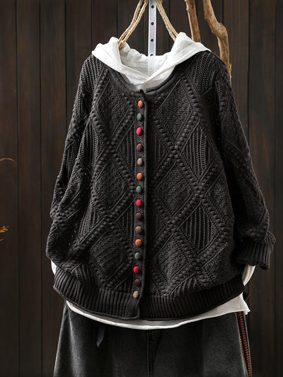 Women Autumn Vintage Rhomboids Knitted O-Neck Sweater