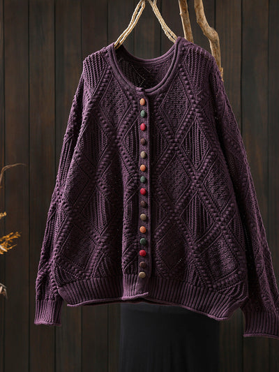 Women Autumn Vintage Rhomboids Knitted O-Neck Sweater