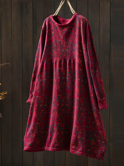 Women Autumn Artsy Floral Cotton O-Neck Knitted Dress
