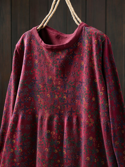 Women Autumn Artsy Floral Cotton O-Neck Knitted Dress