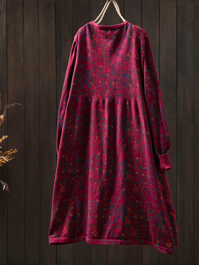 Women Autumn Artsy Floral Cotton O-Neck Knitted Dress