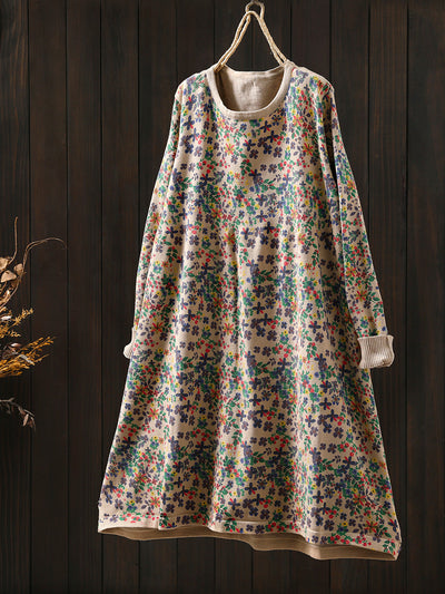 Women Autumn Artsy Floral Cotton O-Neck Knitted Dress