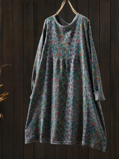 Women Autumn Artsy Floral Cotton O-Neck Knitted Dress