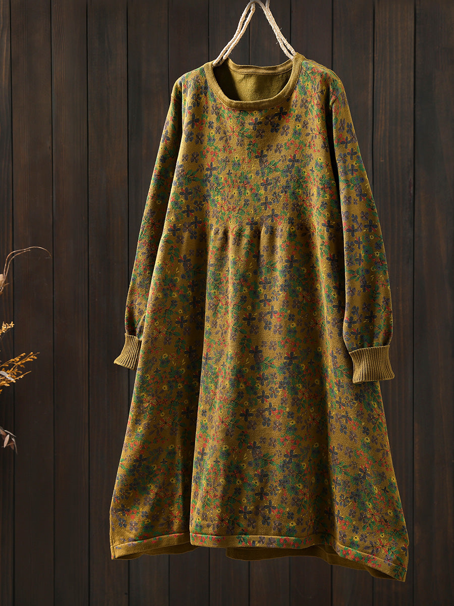 Women Autumn Artsy Floral Cotton O-Neck Knitted Dress