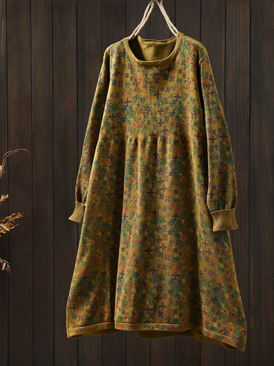 Women Autumn Artsy Floral Cotton O-Neck Knitted Dress
