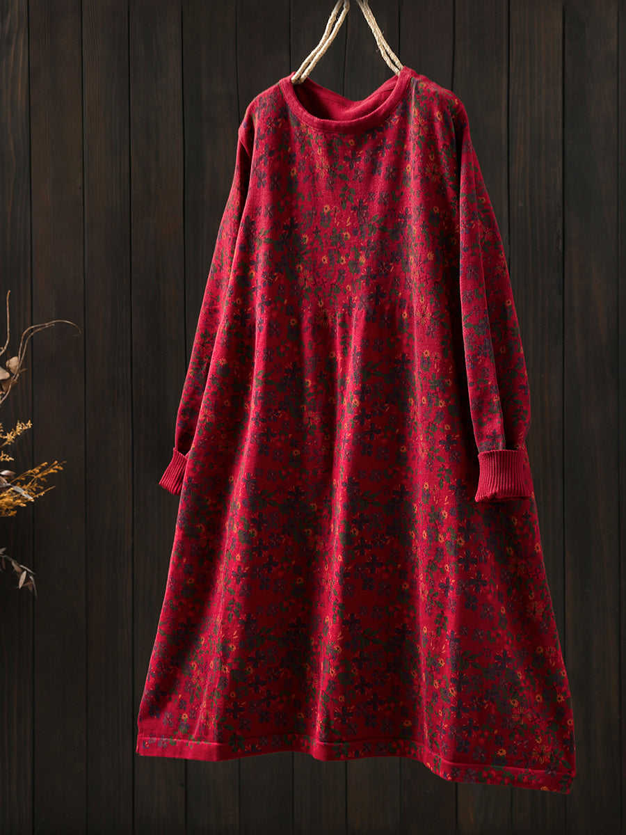 Women Autumn Artsy Floral Cotton O-Neck Knitted Dress