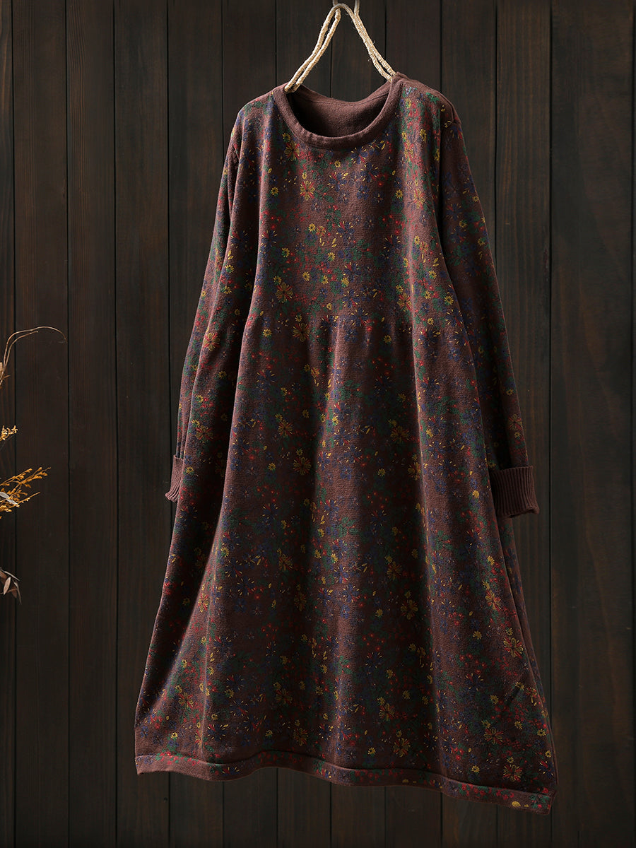 Women Autumn Artsy Floral Cotton O-Neck Knitted Dress