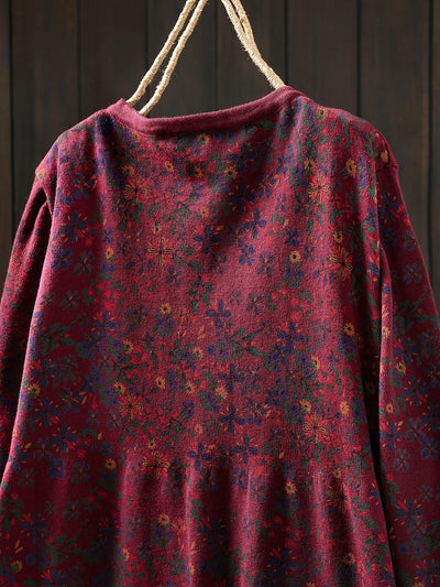 Women Autumn Artsy Floral Cotton O-Neck Knitted Dress