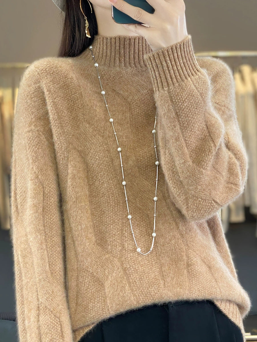 Women Autumn Pure Color Wool Half-Turtleneck Knitted Sweater