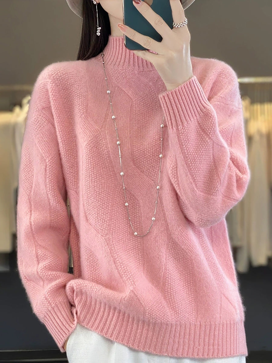 Women Autumn Pure Color Wool Half-Turtleneck Knitted Sweater