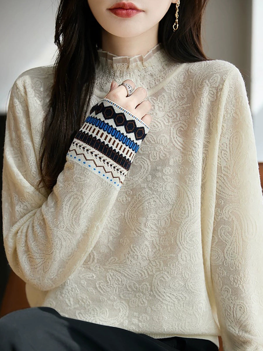 Women Autumn Vintage Jacquard Stand Collar Sweater