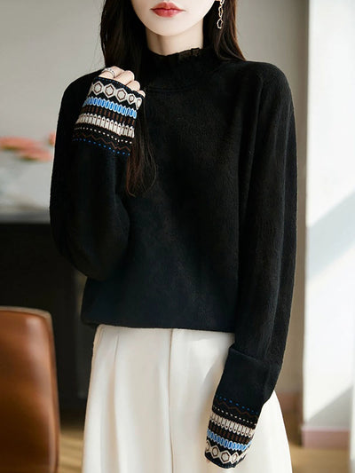 Women Autumn Vintage Jacquard Stand Collar Sweater