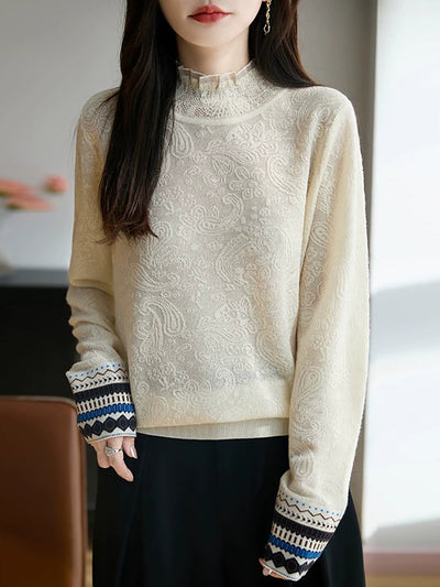 Women Autumn Vintage Jacquard Stand Collar Sweater