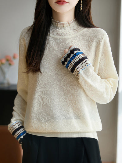 Women Autumn Vintage Jacquard Stand Collar Sweater