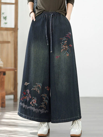 Women Autumn Retro Embroidery Denim Wide-leg Pants