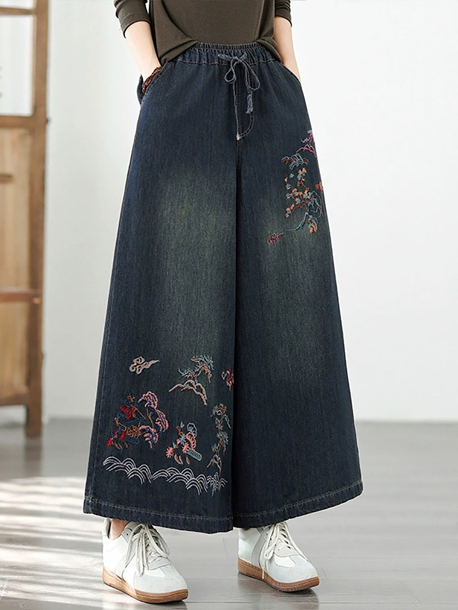Women Autumn Retro Embroidery Denim Wide-leg Pants