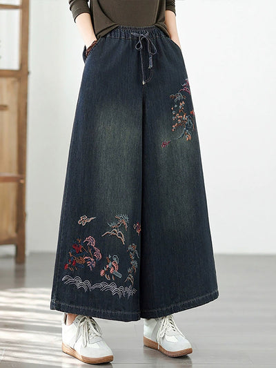 Women Autumn Retro Embroidery Denim Wide-leg Pants