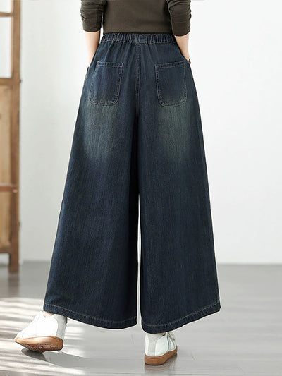 Women Autumn Retro Embroidery Denim Wide-leg Pants