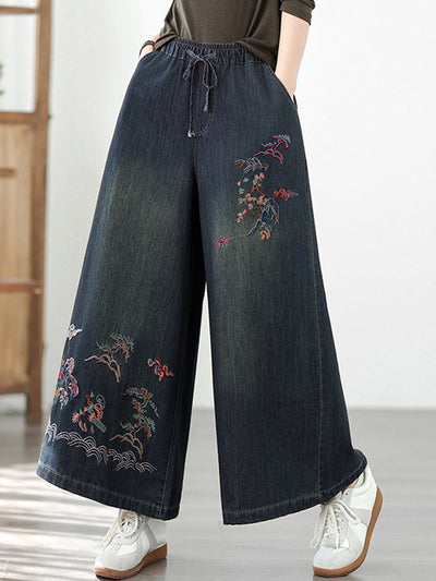 Women Autumn Retro Embroidery Denim Wide-leg Pants