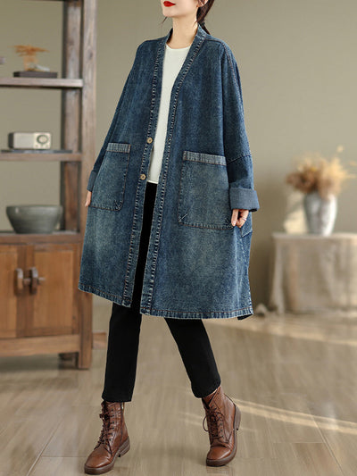 Women Autumn Vintage Denim V-Neck Coat