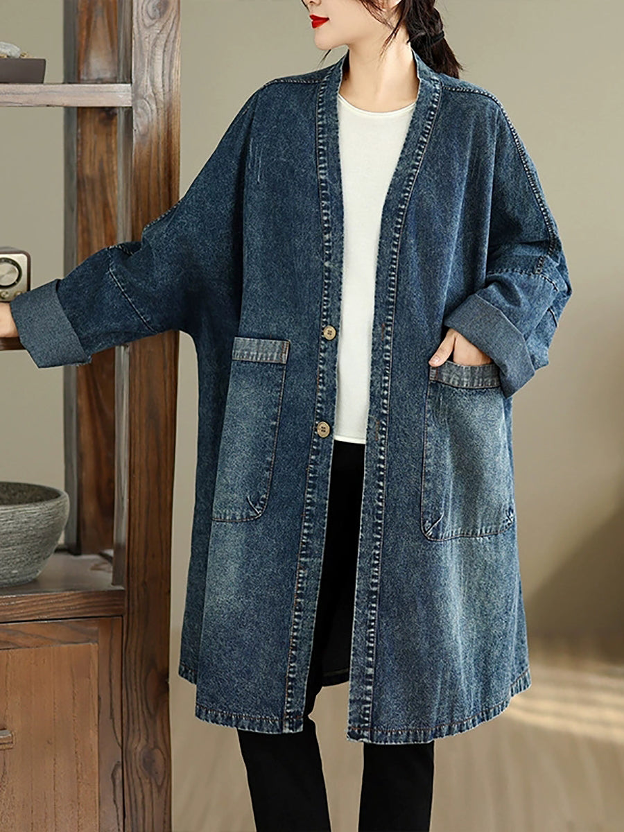 Women Autumn Vintage Denim V-Neck Coat