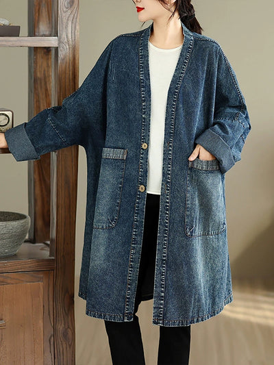 Women Autumn Vintage Denim V-Neck Coat