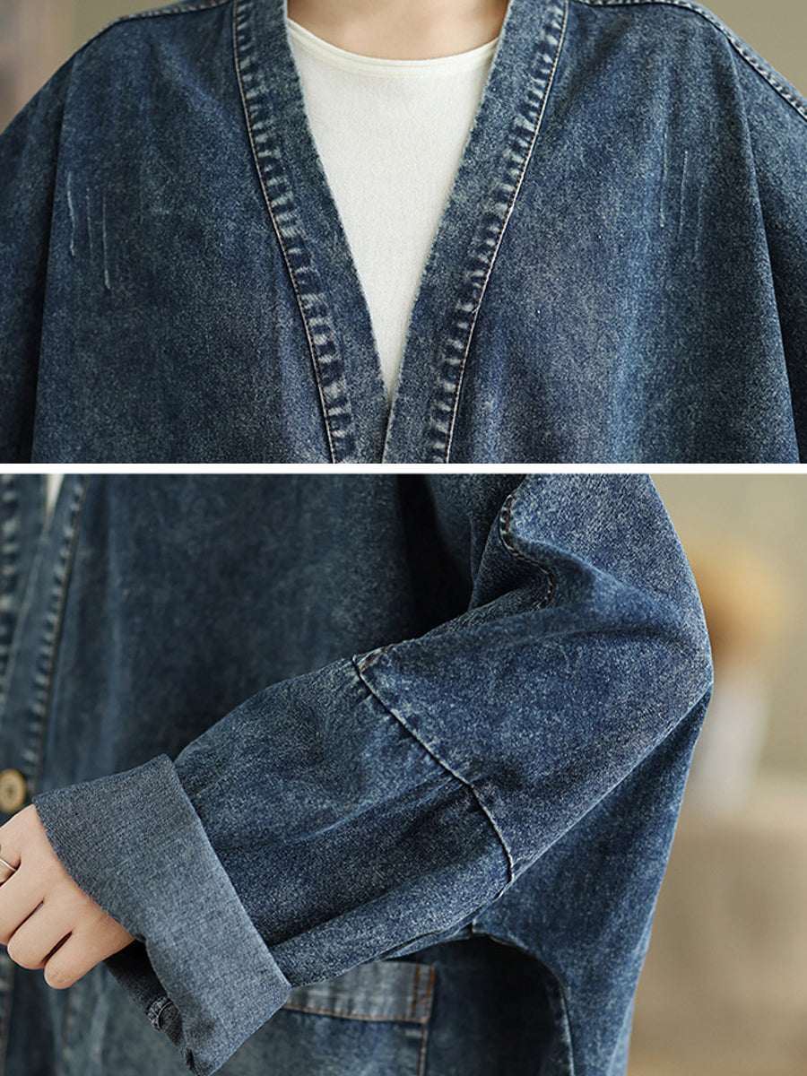 Women Autumn Vintage Denim V-Neck Coat