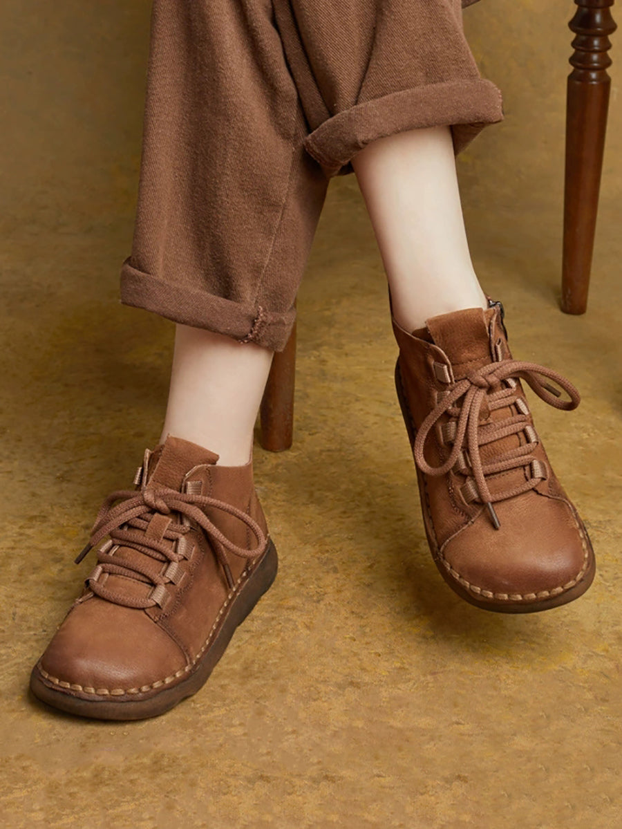 Women Vintage Pure Color Genuine Leather Ankle Boots