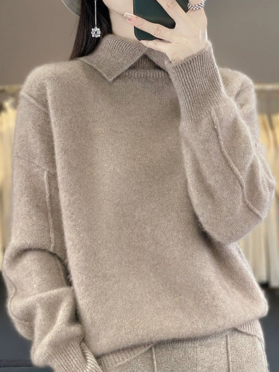 Women Autumn Pure Color Wool Turn-down Collar Sweater
