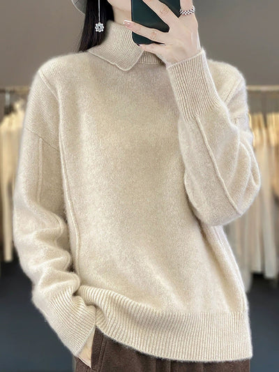 Women Autumn Pure Color Wool Turn-down Collar Sweater