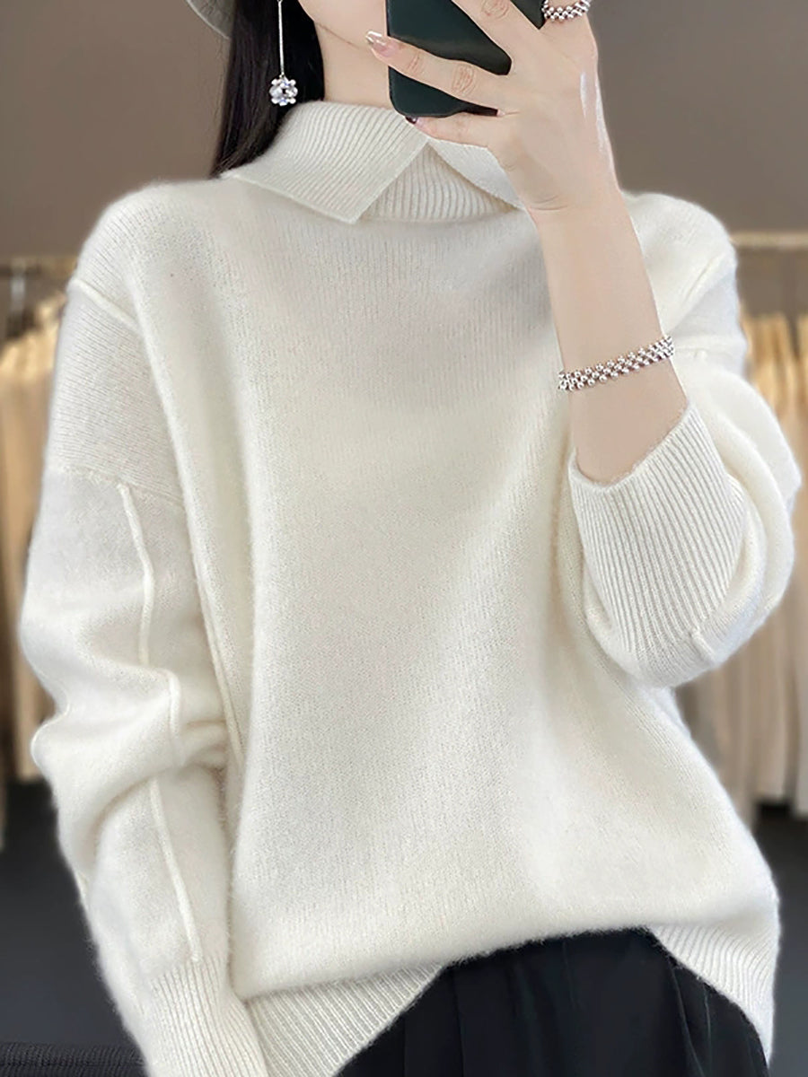 Women Autumn Pure Color Wool Turn-down Collar Sweater