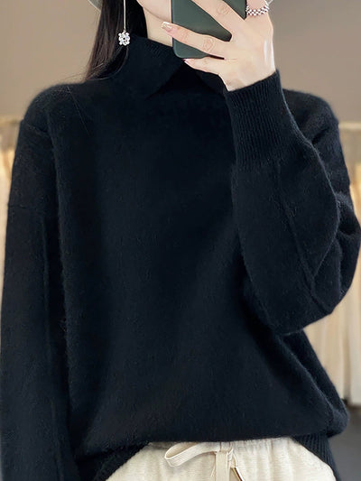 Women Autumn Pure Color Wool Turn-down Collar Sweater
