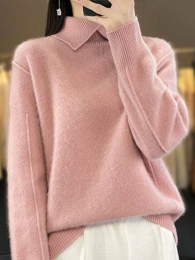 Women Autumn Pure Color Wool Turn-down Collar Sweater