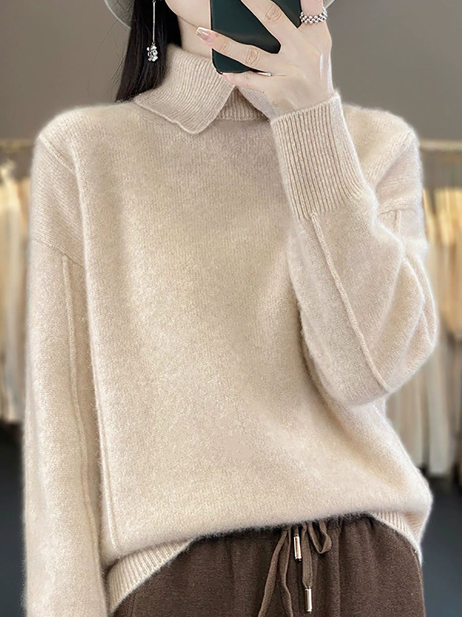 Women Autumn Pure Color Wool Turn-down Collar Sweater
