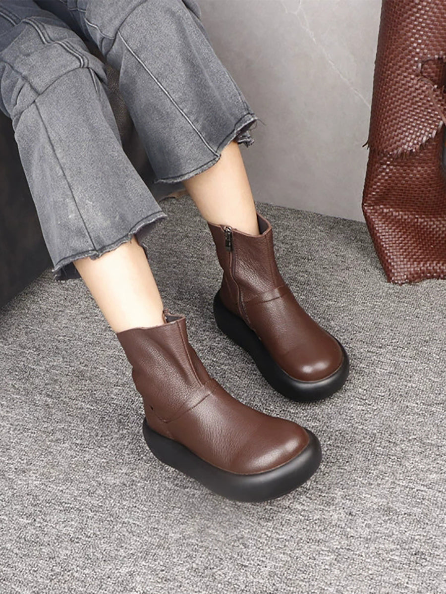 Women Vintage Pure Color Genuine Leather Ankle Boots