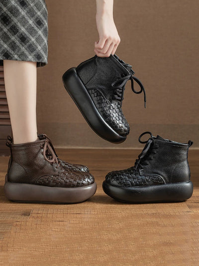 Women Winter Genuine Leather Fleece-lined Platform Ankle Boots
