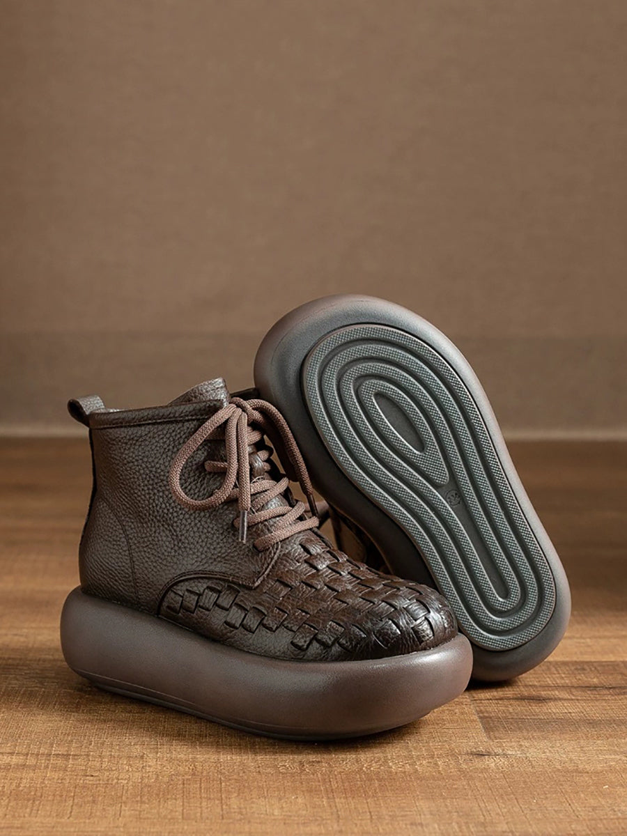 Women Winter Genuine Leather Fleece-lined Platform Ankle Boots