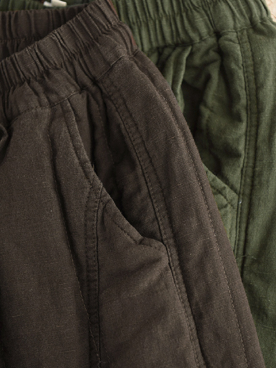 Women Autumn Pure Color 100%Linen Padded Straight Pants