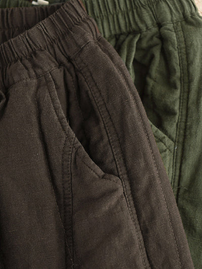 Women Autumn Pure Color 100%Linen Padded Straight Pants