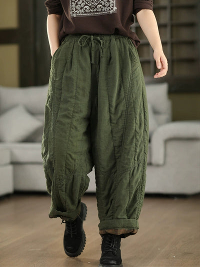 Women Autumn Pure Color 100%Linen Padded Straight Pants