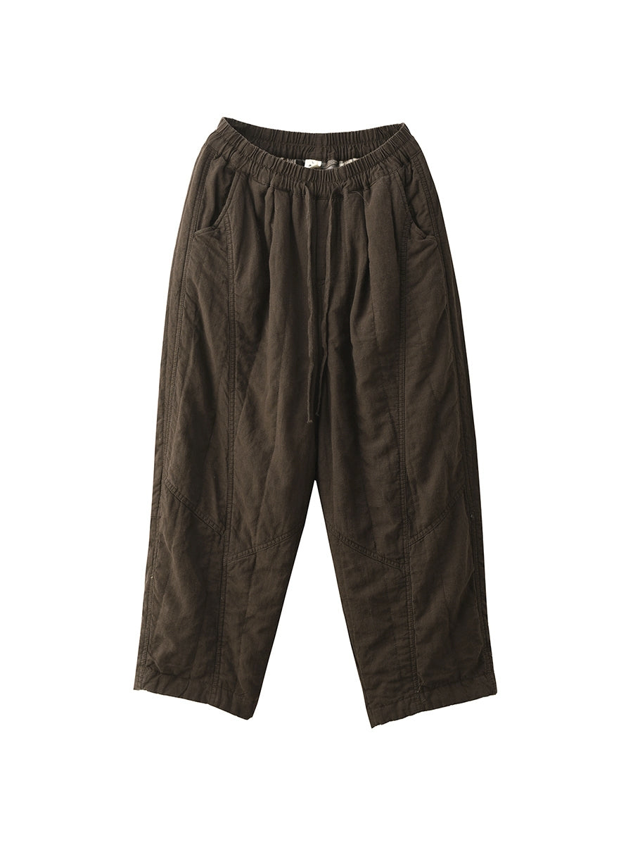 Women Autumn Pure Color 100%Linen Padded Straight Pants