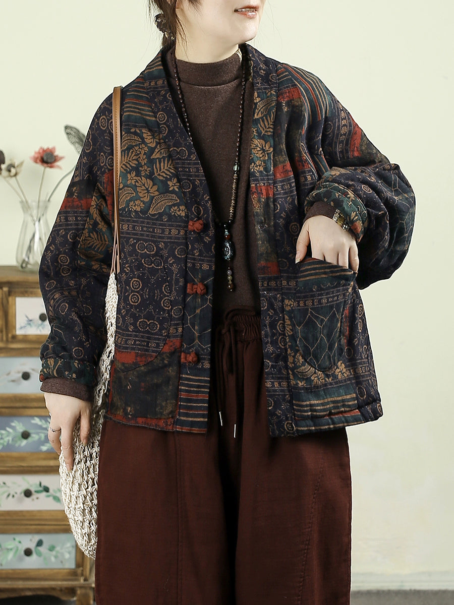 Women Autumn Vintage Flower V-Neck Cotton Padded Coat