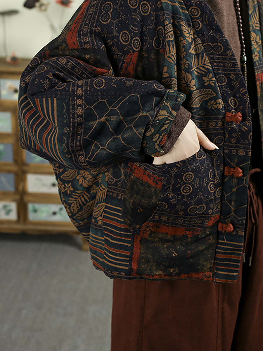 Women Autumn Vintage Flower V-Neck Cotton Padded Coat