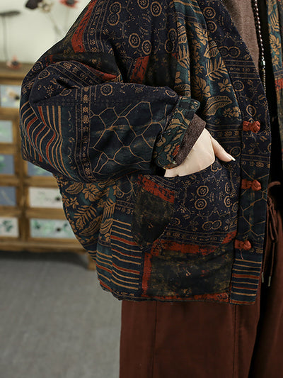 Women Autumn Vintage Flower V-Neck Cotton Padded Coat