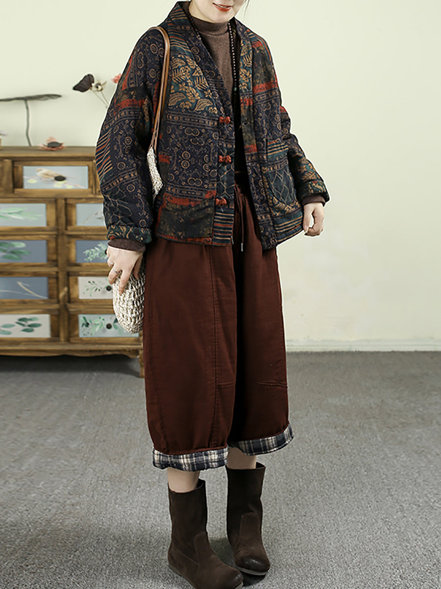 Women Autumn Vintage Flower V-Neck Cotton Padded Coat