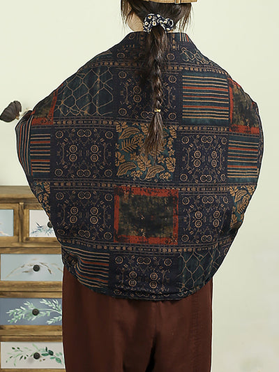 Women Autumn Vintage Flower V-Neck Cotton Padded Coat